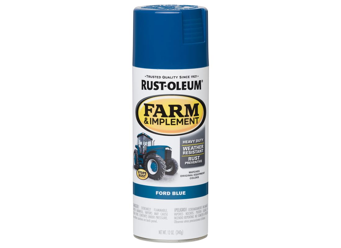 Rust-Oleum Ford Blue spray paint on mower chassis for an even coat
