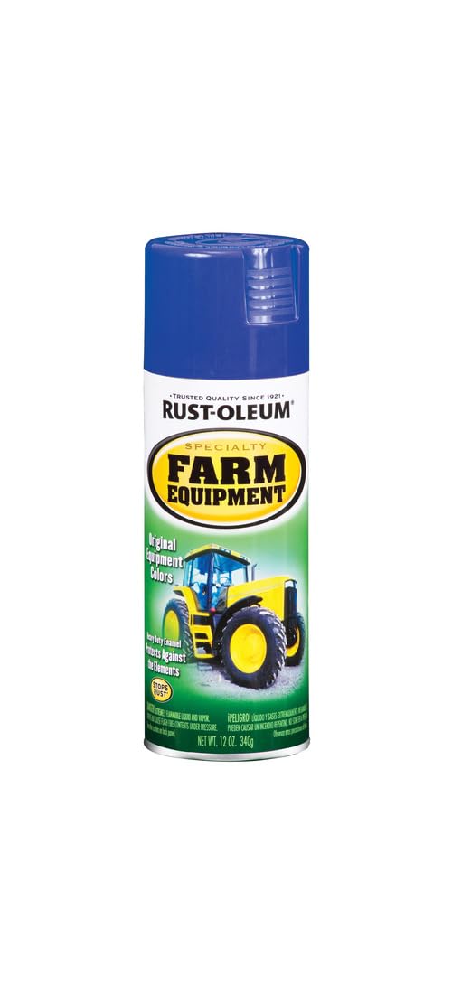 Rust-Oleum Ford Blue spray paint on tractor hood for a durable color finish