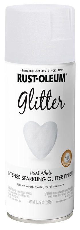 Rust-Oleum glitter spray pearl white can for crafts and festive decor.