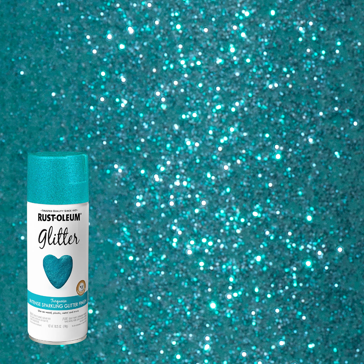 Rust-Oleum Glitter Spray turquoise shimmer on wood elevates craft accents.