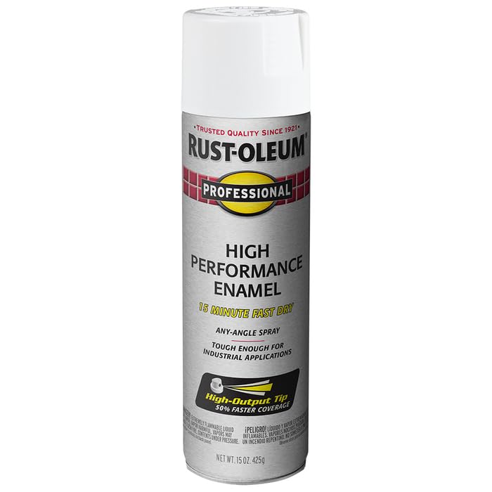 Rust-Oleum Professional gloss white enamel spray finishes metal with rust protection.