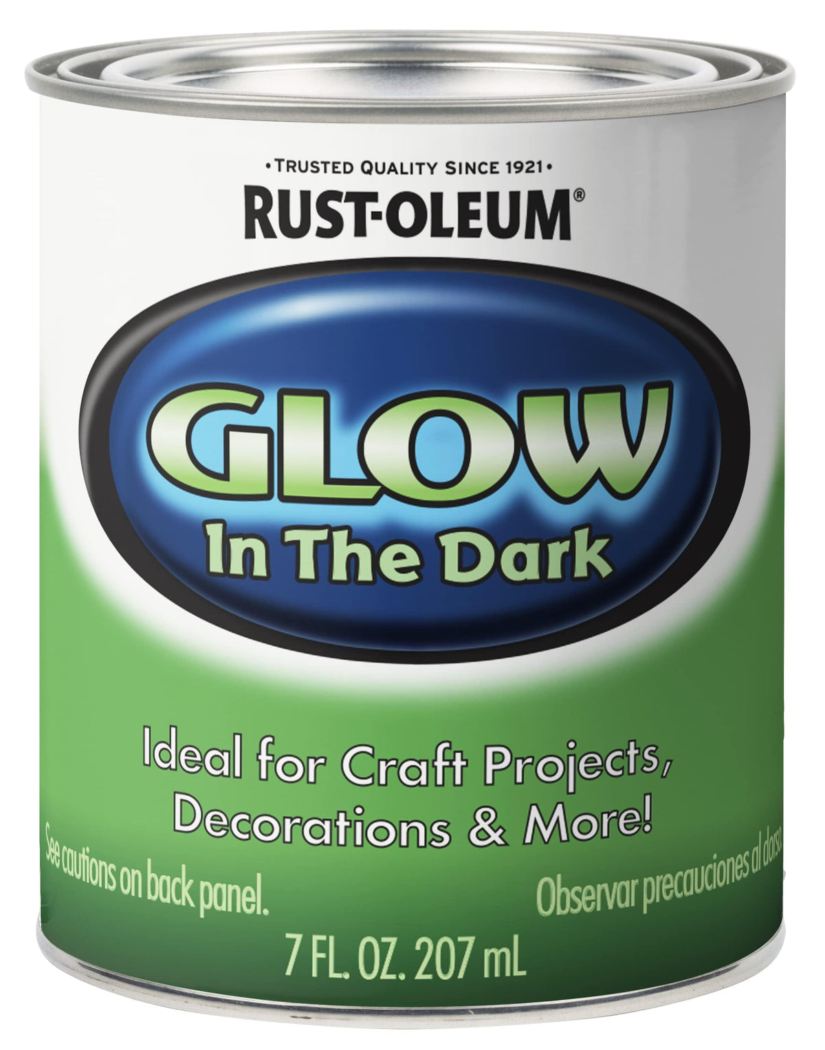 Rust-Oleum Glow in the Dark brush-on paint bottle glows after charging, ideal for DIY accents.