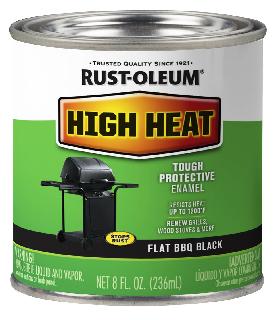Rust-Oleum High Heat brush-on enamel half pint with flat BBQ black finish for grills.