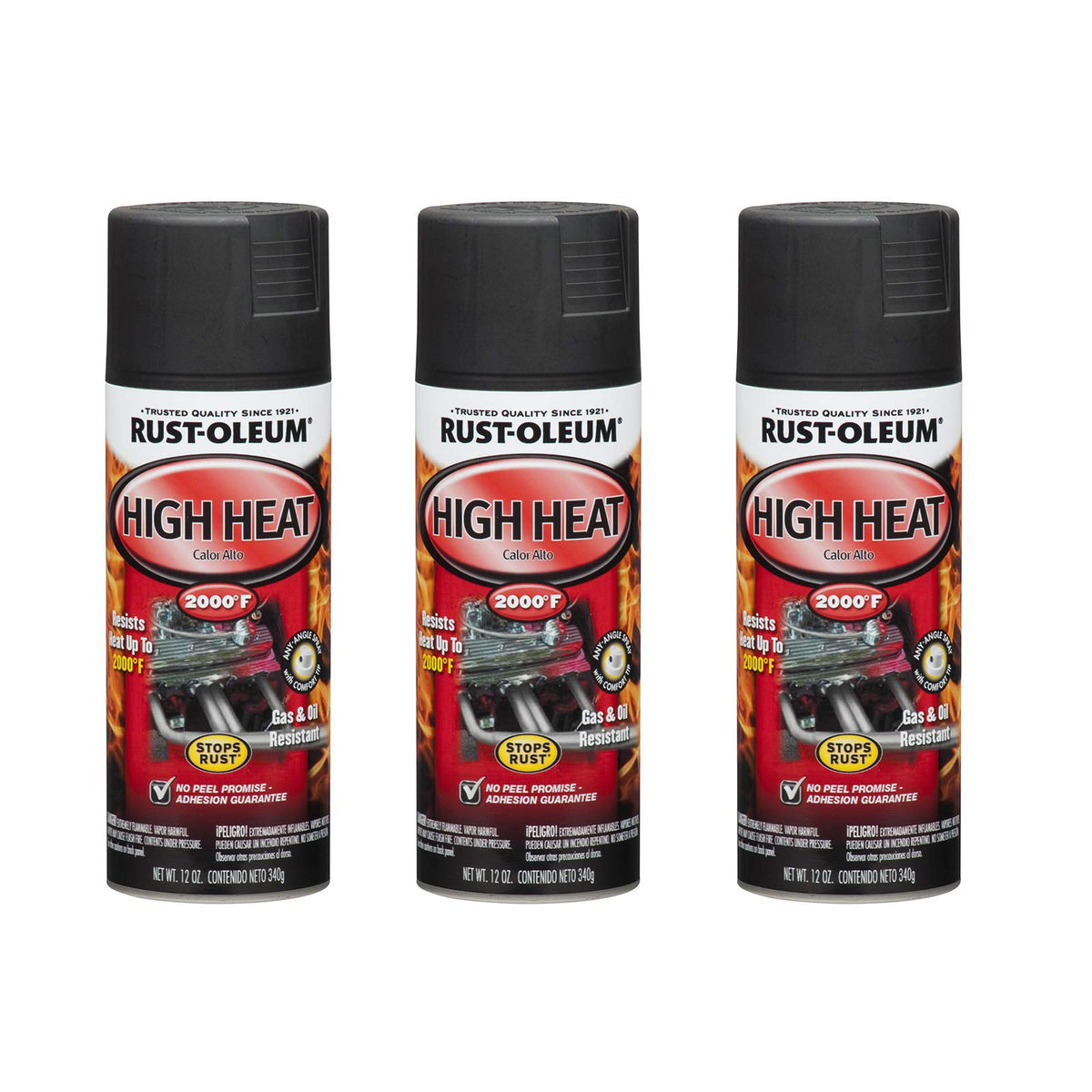 Rust-Oleum high-heat enamel flat black 12oz can shown for durable automotive coating.