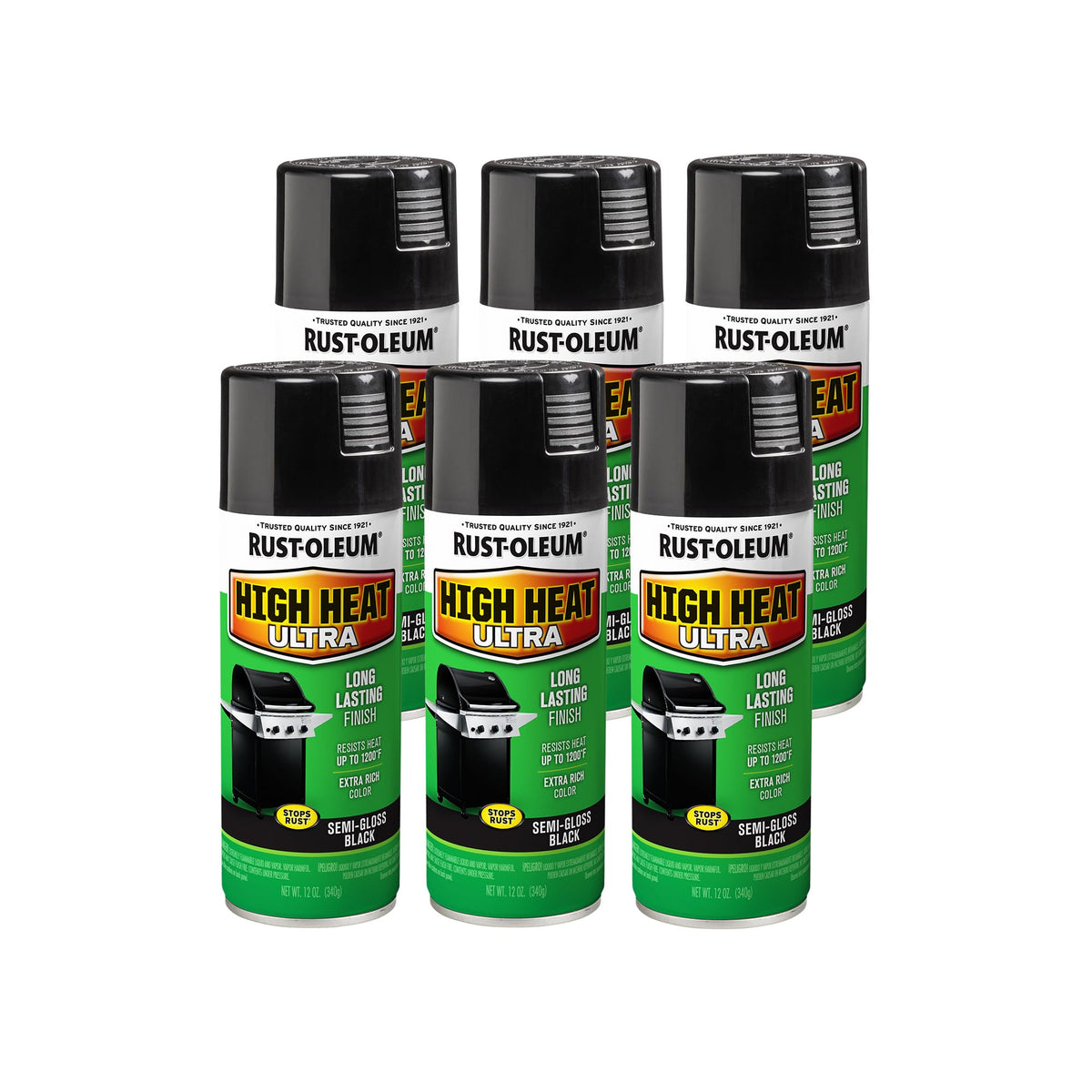 Rust-Oleum High Heat Ultra Spray cans in a six-pack for durable exterior metal protection.