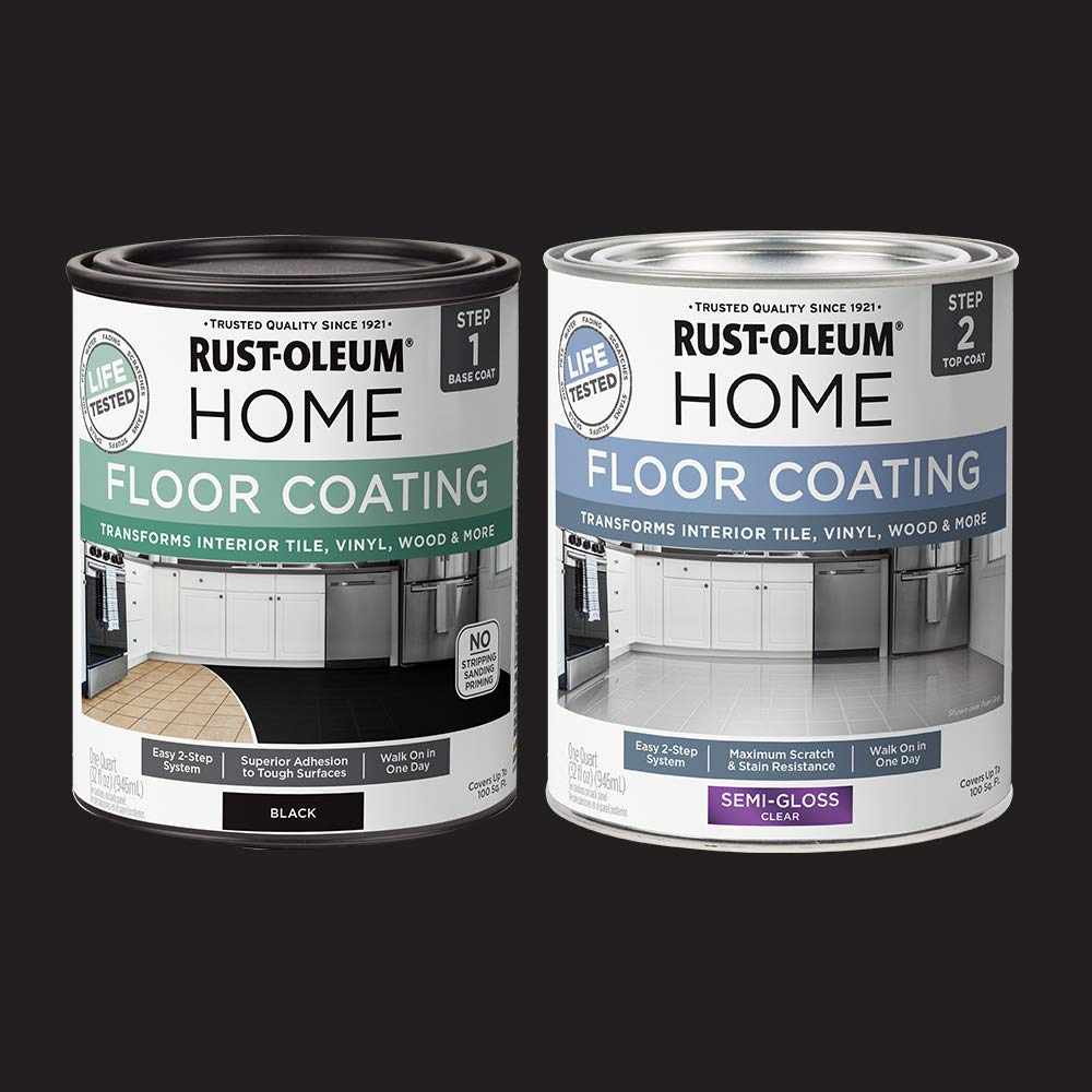 Rust-Oleum Home floor coating kit steps illustrating base and top coats for a custom look.