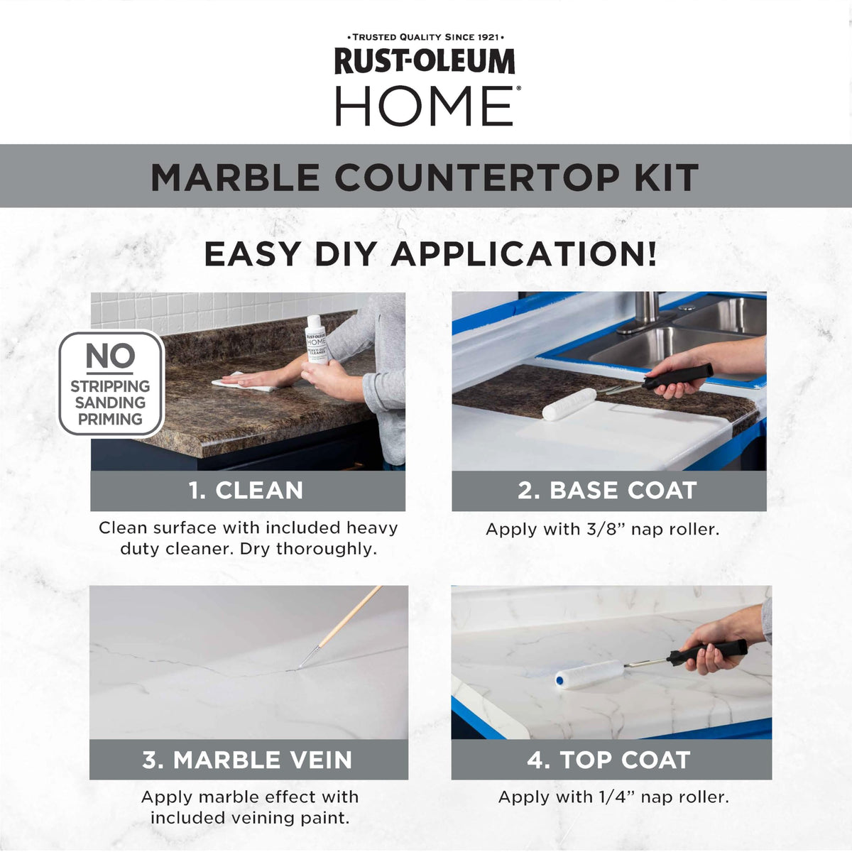 Rust-Oleum Home Marble Countertop Kit cures to usable finish after 24 hours.