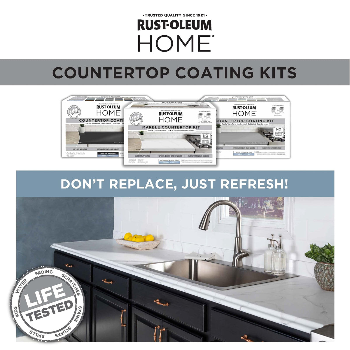 Rust-Oleum Home Marble Countertop Kit faux marble transformation for home spaces.