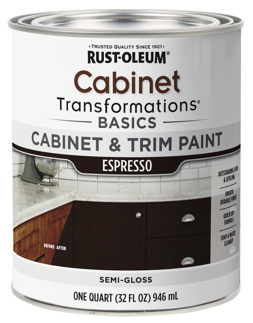 Rust-Oleum Transformations Basics espresso cabinet pour shows smooth coverage for a refreshed look