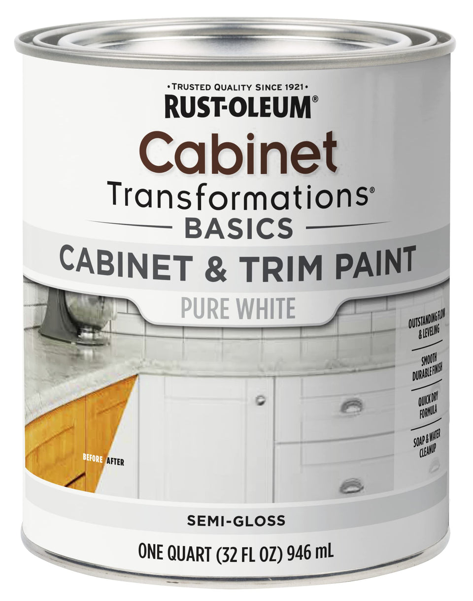 Rust-Oleum Home Transformations Basics cabinet finish on white cabinets with a durable semi-gloss look.