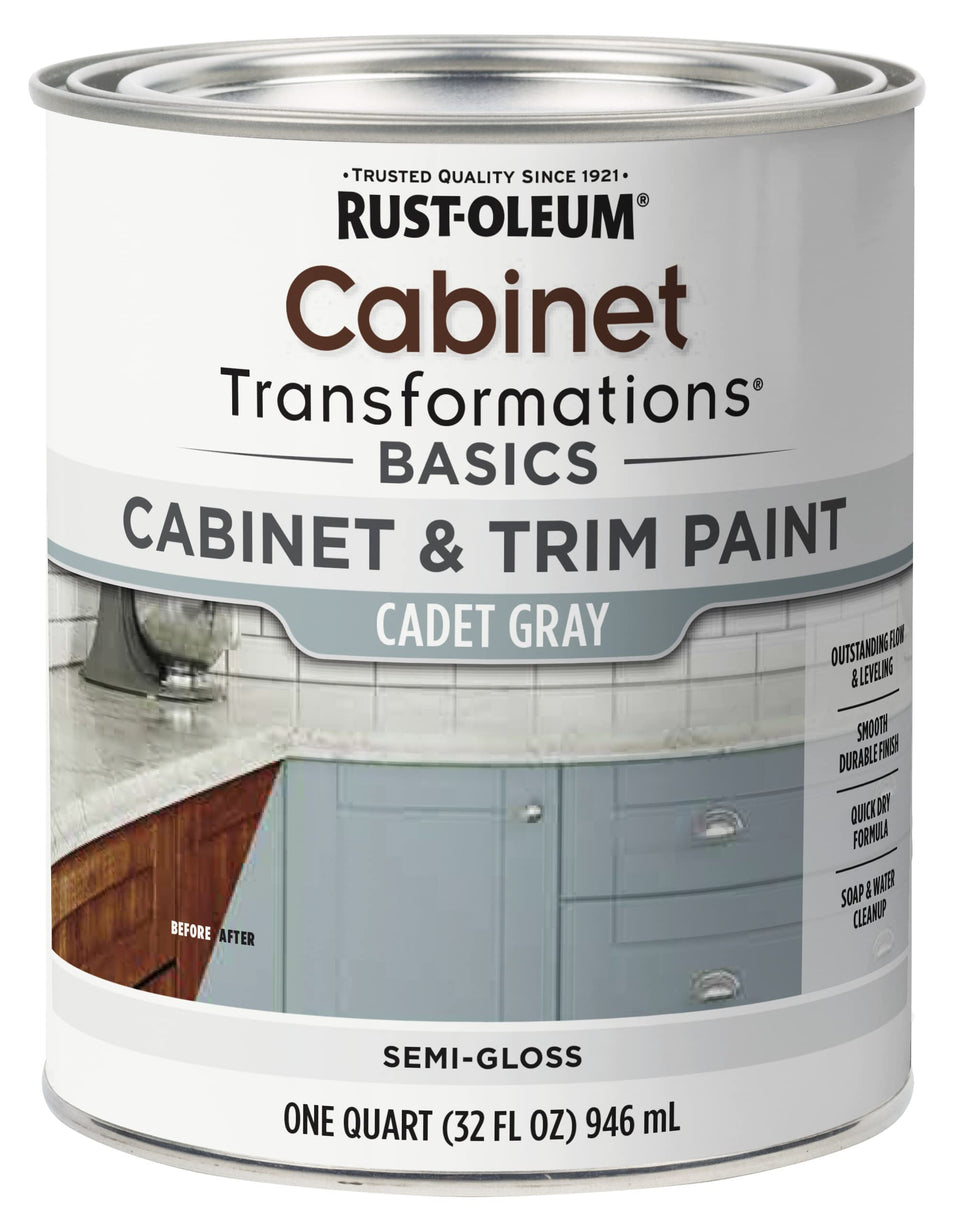 Rust-Oleum Home Transformations Basics Cabinet & Trim Paint enables smooth cabinet painting for a durable semi-gloss finish.
