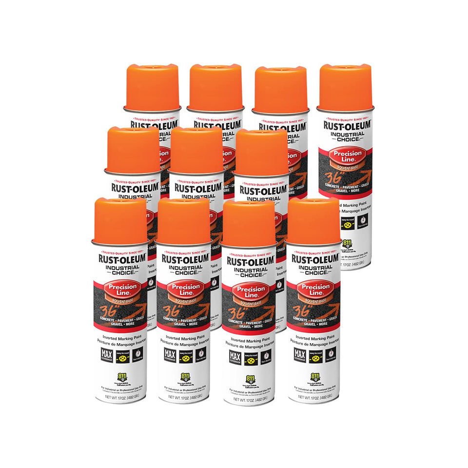 Rust-Oleum Industrial Choice fluorescent orange spray can for high-visibility markings outdoors.