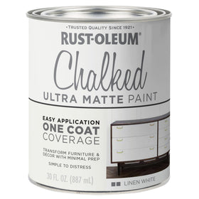 Rust-Oleum Linen White Chalked Paint bottle shows a smooth ultra-matte finish