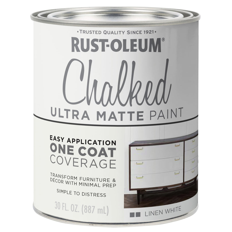 Rust-Oleum Linen White Chalked Paint bottle shows a smooth ultra-matte finish