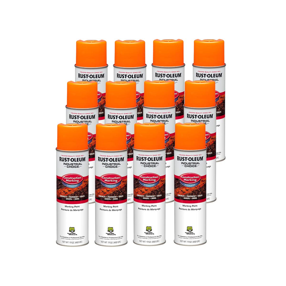 Rust-Oleum M1400 fluorescent orange spray can, 12-pack for high-visibility markings.