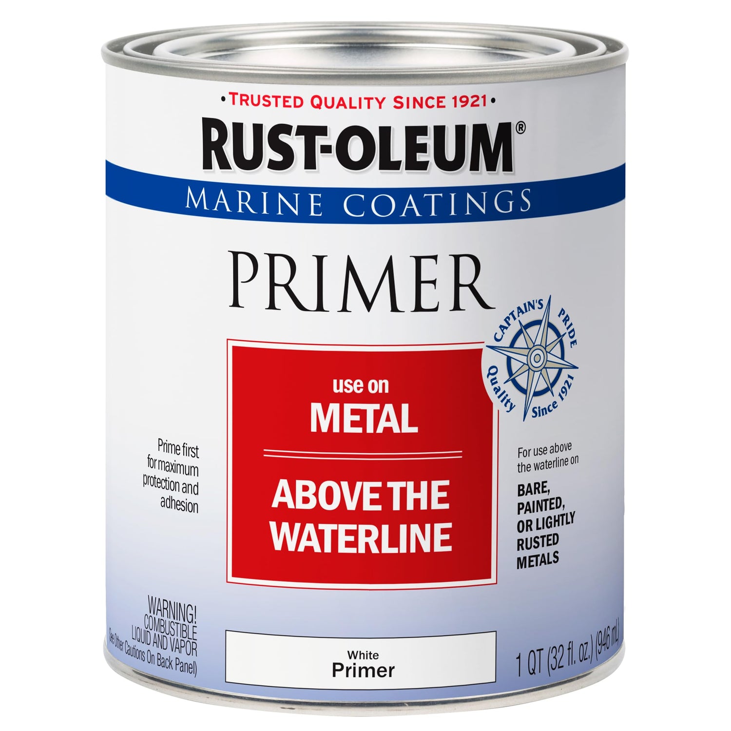 Rust-Oleum Marine Metal Primer application on metal surface above waterline for better adhesion.