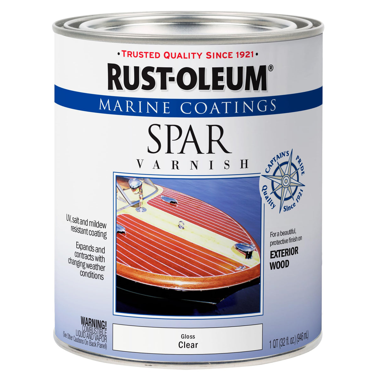 Rust-Oleum Marine Spar Varnish quart bottle for exterior wood protection and clear finish.