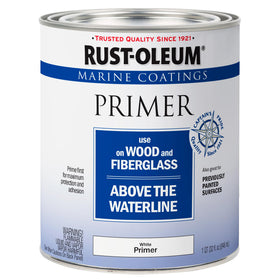 Rust-Oleum Marine Wood & Fiberglass Primer bottle ready for above-waterline prep