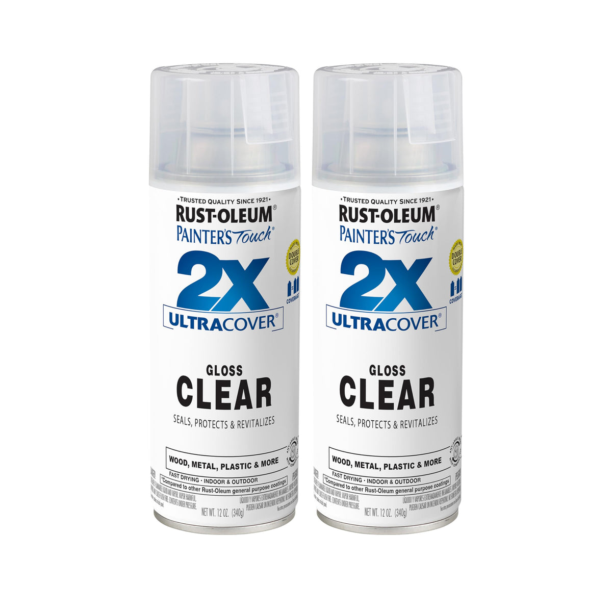Rust-Oleum Painter's Touch 2X gloss clear spray can top view for quick refinishing.