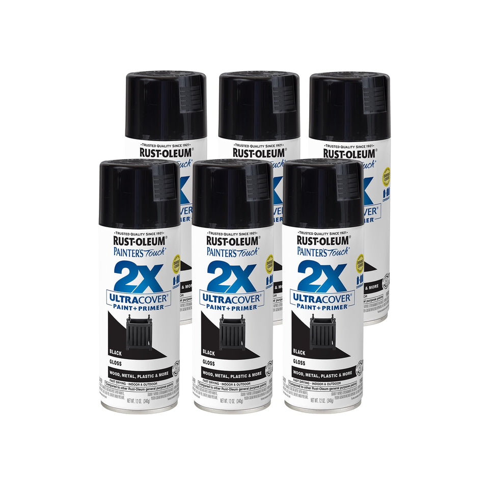 Rust-Oleum Painter's Touch 2X gloss black spray for furniture refinishing.