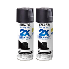 Rust-Oleum Painter's Touch 2X flat black spray can for even coverage on rough wood