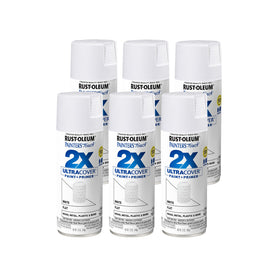 Rust-Oleum Painter's Touch 2X Flat White six-pack can front shows value for quick projects.