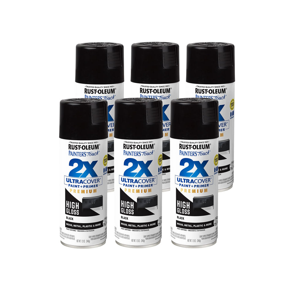 Rust-Oleum Painter's Touch 2X high gloss black can for interiors and exteriors.
