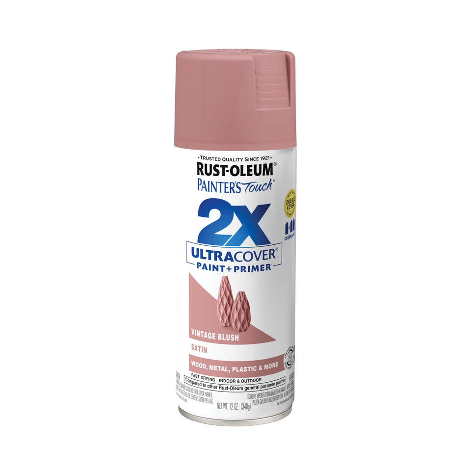 Rust-Oleum Painter's Touch 2X Satin Vintage Blush spray can for durable interior projects.