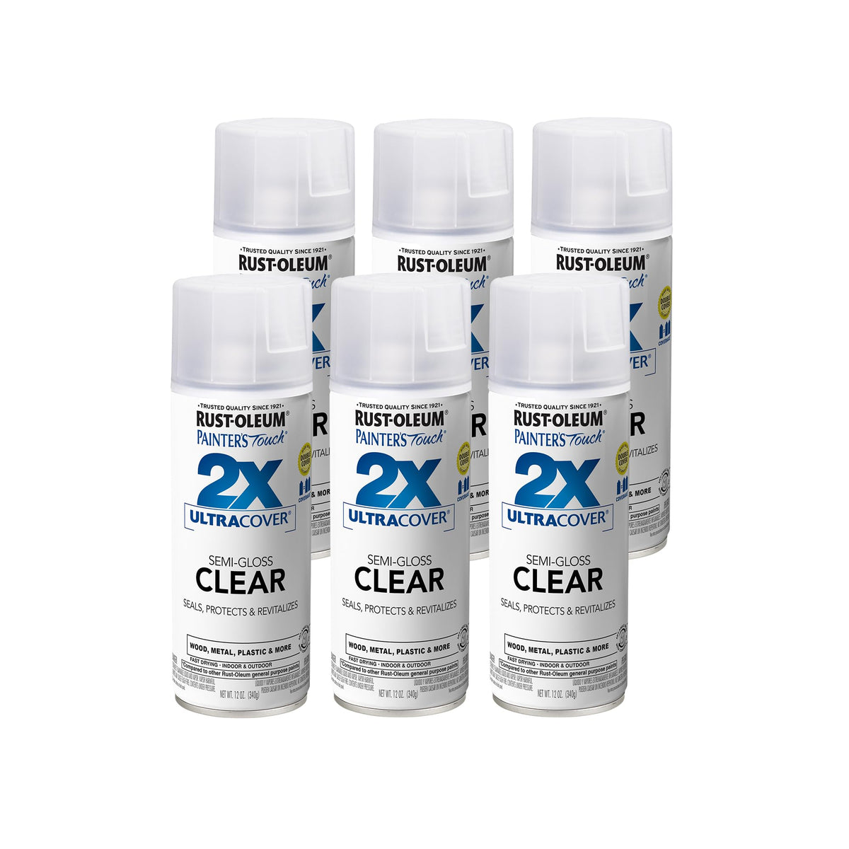 Rust-Oleum Painter's Touch 2X semi-gloss clear spray for durable interior and exterior finishes.