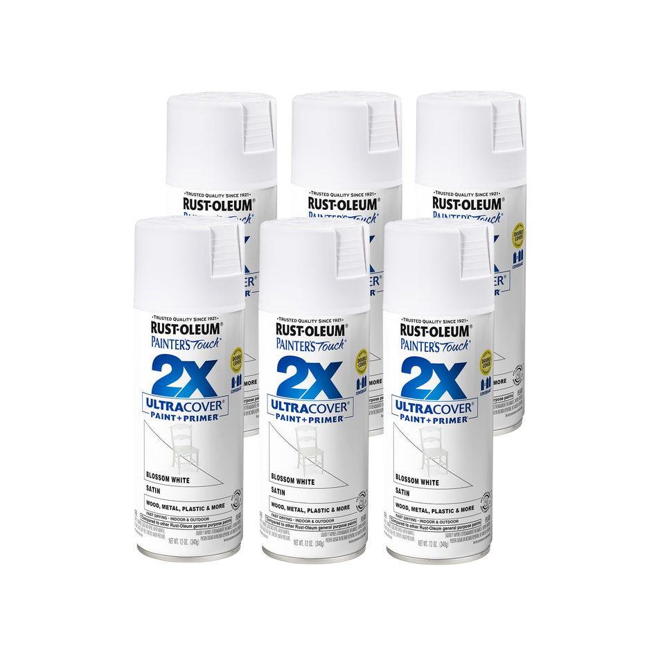 Rust-Oleum Painter's Touch 2X Ultra Cover can in satin blossom white for interior projects