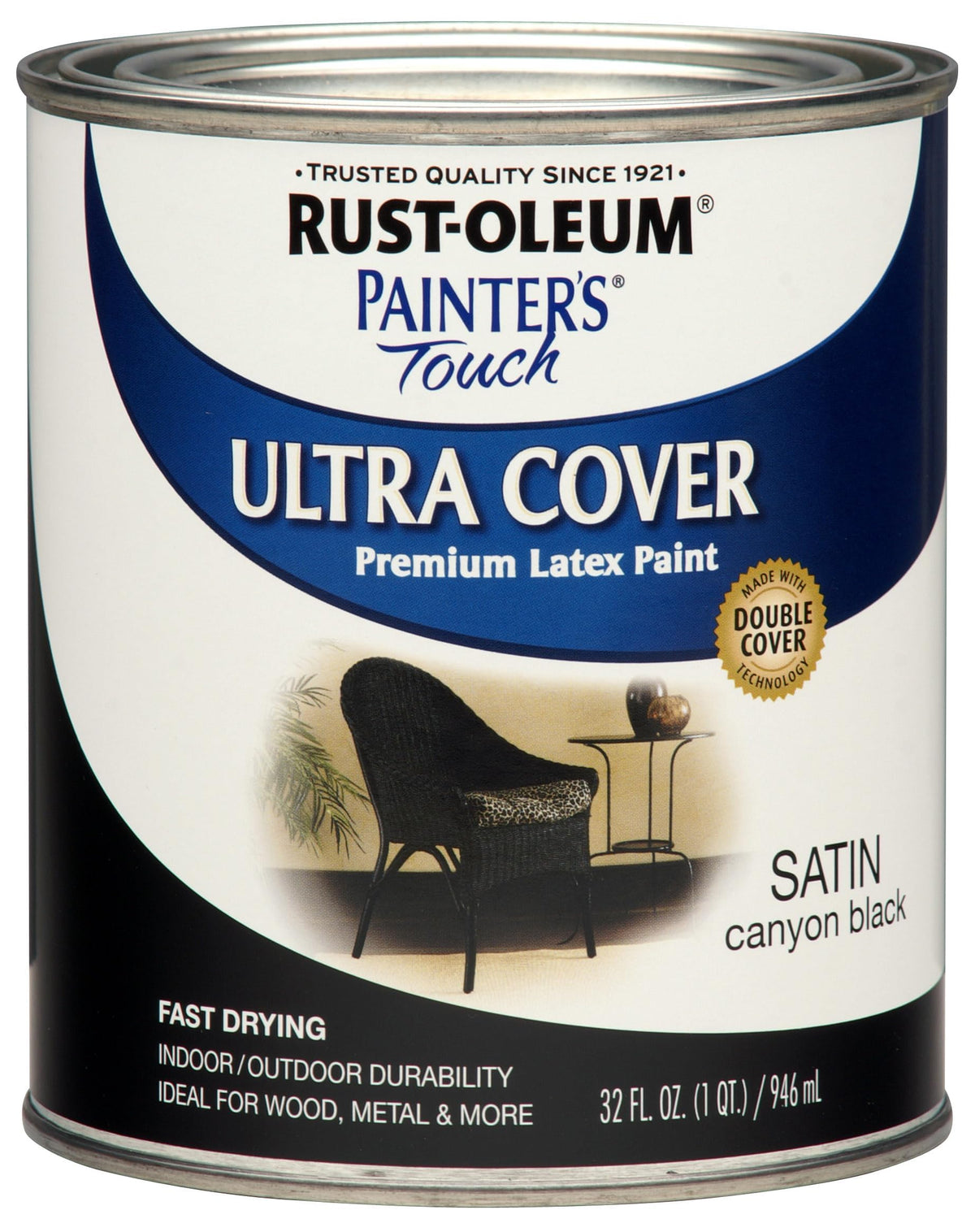 Rust-Oleum Painters Touch 2X Ultra Cover Canyon Black can for interior projects with satin finish.