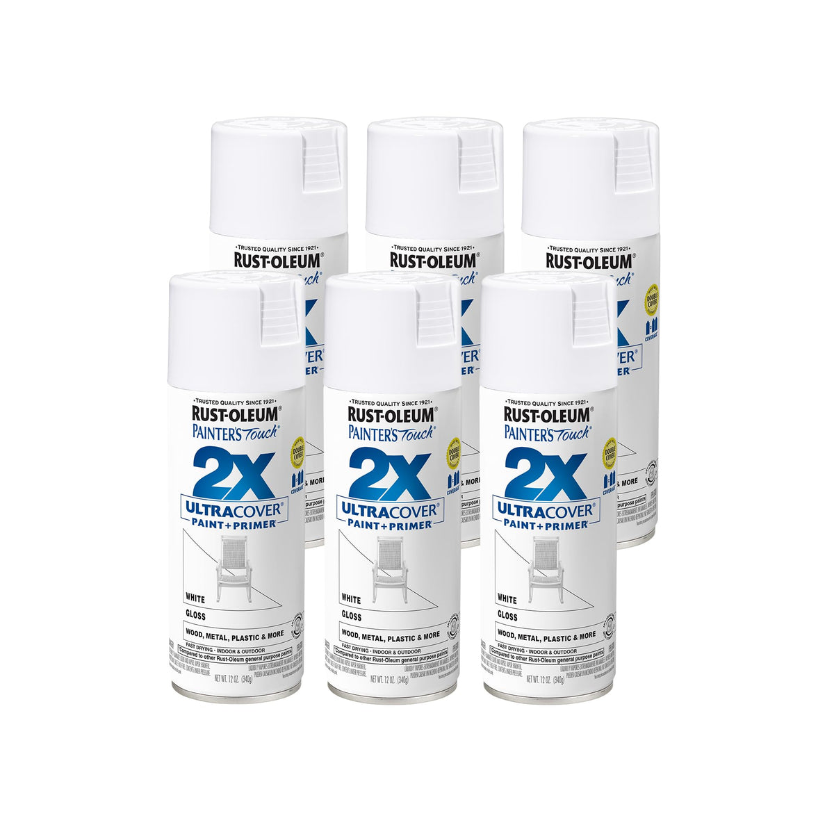 Rust-Oleum Painter's Touch 2X Ultra Cover gloss white spray can with smooth glossy finish