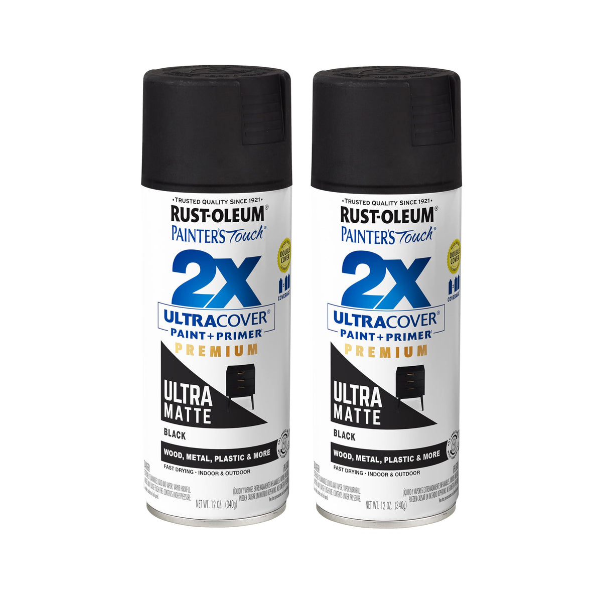Rust-Oleum Painter's Touch 2X matte black spray can for durable indoor and outdoor projects.