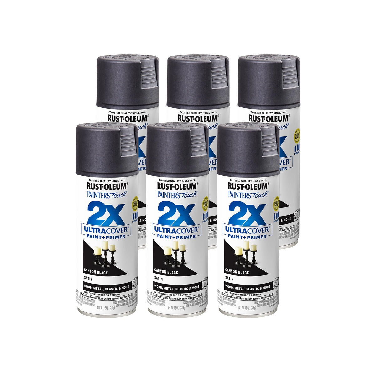 Rust-Oleum Painter's Touch 2X satin canyon black spray can for quick coverage