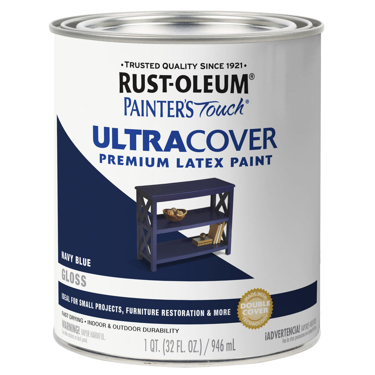 Rust-Oleum Painter's Touch gloss navy blue paint delivers a durable, glossy finish for projects.