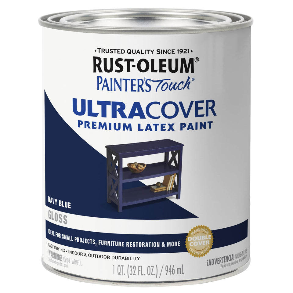 Rust-Oleum Painter's Touch gloss navy blue paint delivers a durable, glossy finish for projects.