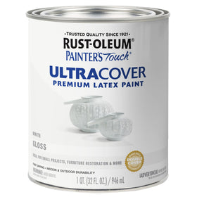 Rust-Oleum Painter's Touch gloss white bottle with quick-dry finish for indoor projects.