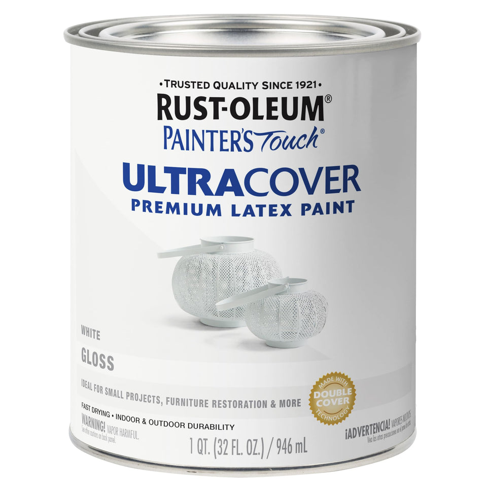 Rust-Oleum Painter's Touch gloss white bottle with quick-dry finish for indoor projects.