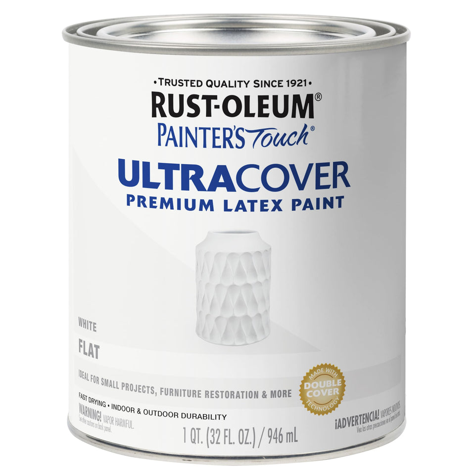 Rust-Oleum Painter's Touch latex paint can in flat white for indoor outdoor projects