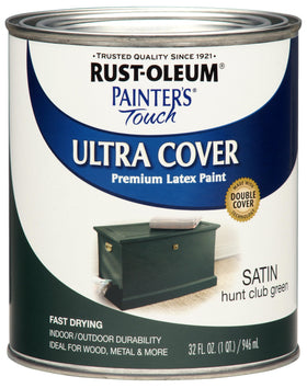 Rust-Oleum Painter's Touch latex paint bottle in Hunt Club Green for versatile indoor projects.