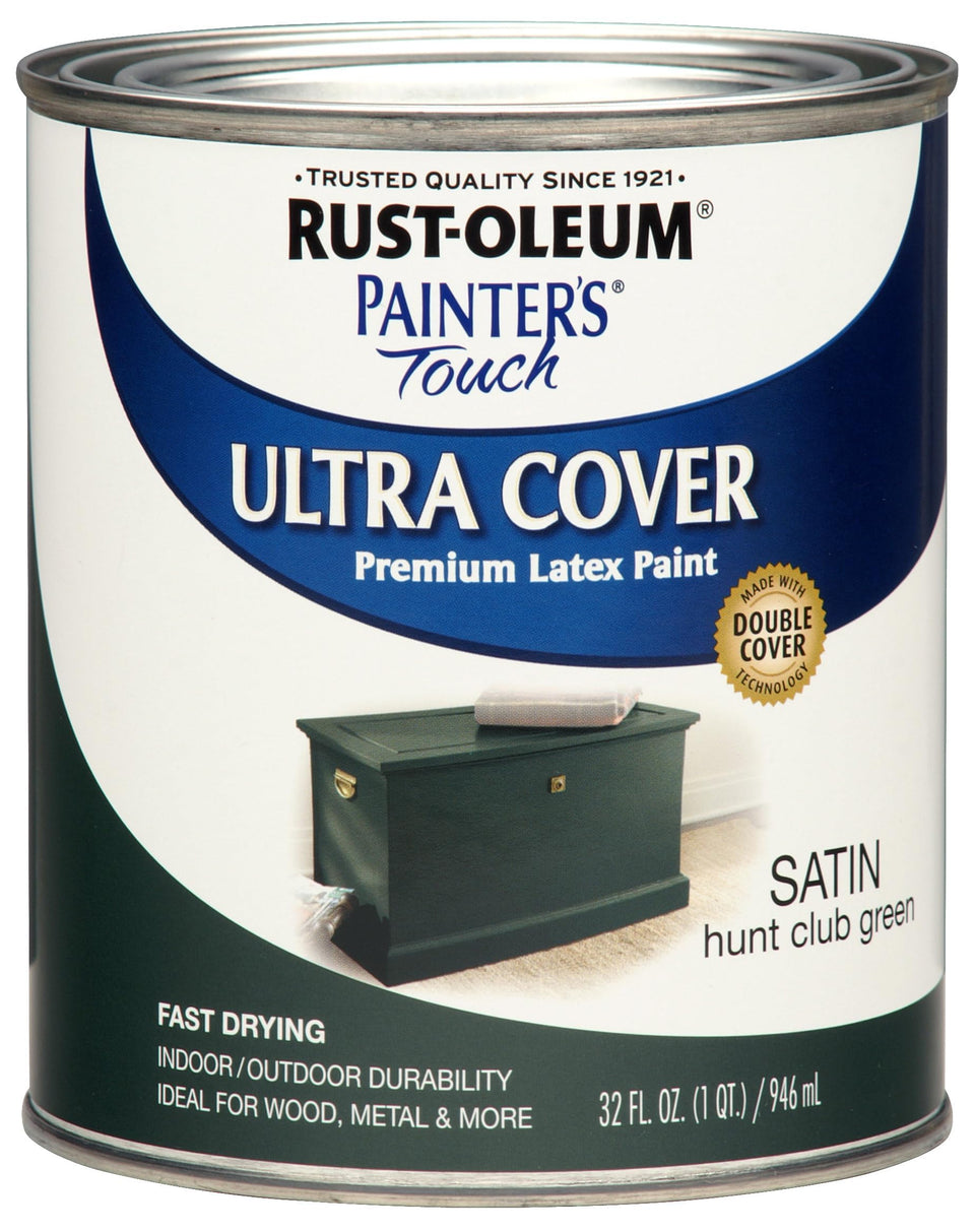 Rust-Oleum Painter's Touch latex paint bottle in Hunt Club Green for versatile indoor projects.