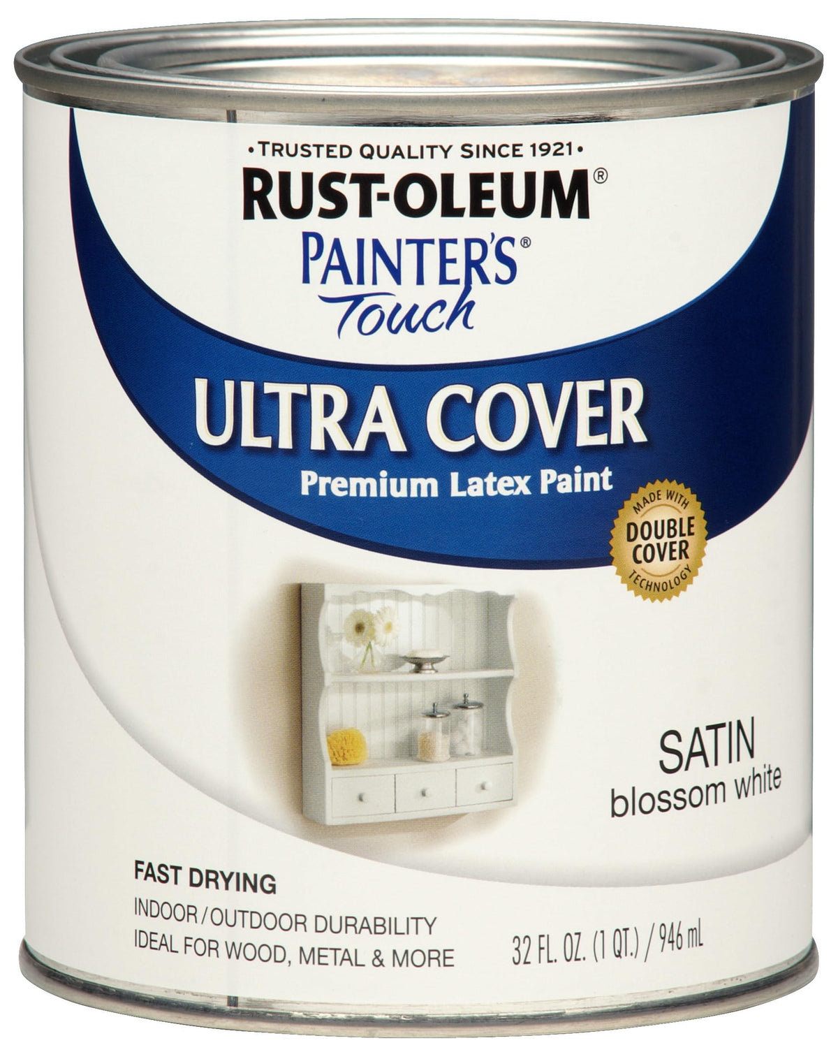 Rust-Oleum Painter's Touch bottle shows satin finish and quick-drying coverage for indoor projects.