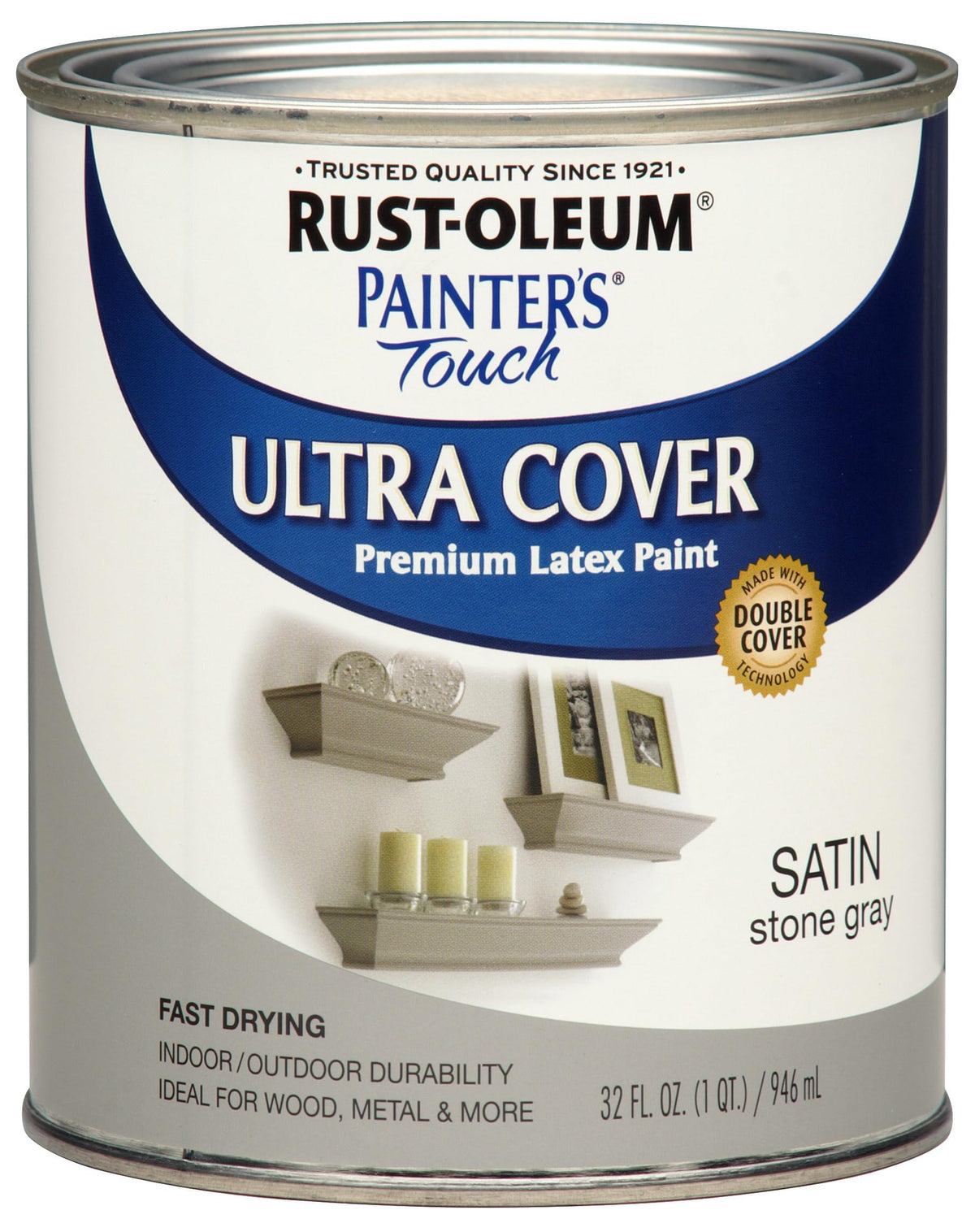 Rust-Oleum Painter's Touch satin stone gray 32 oz bottle ready to apply on wood