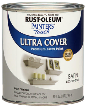 Rust-Oleum Painter's Touch satin stone gray 32 oz bottle ready to apply on wood