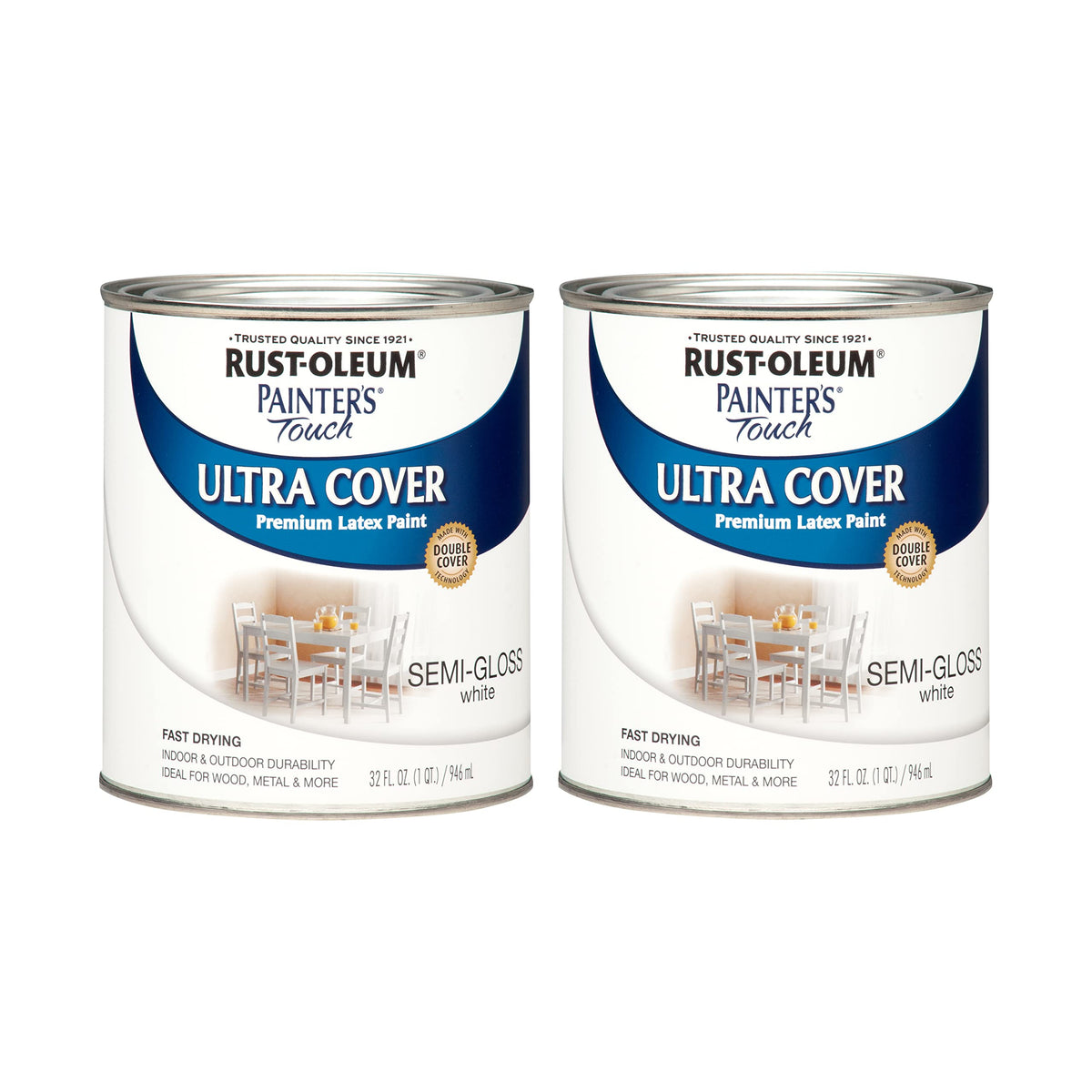 Rust-Oleum Painter's Touch semi-gloss white bottle shows smooth coverage on wood and metal
