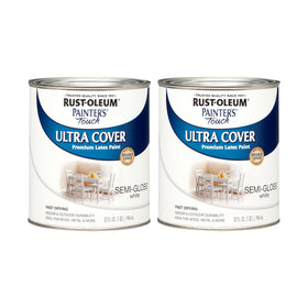 Rust-Oleum Painter's Touch semi-gloss white bottle shows smooth coverage on wood and metal
