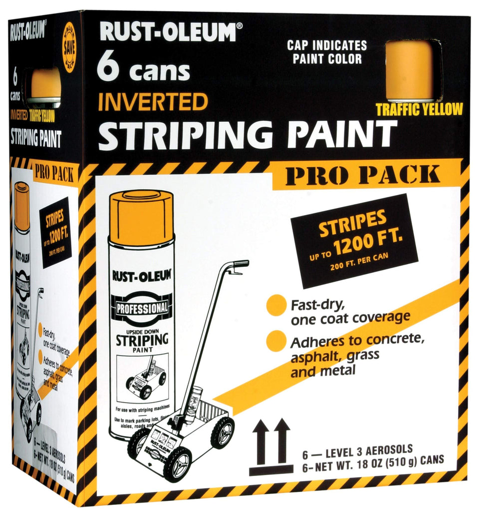 Rust-Oleum Professional inverted striping paint cans in traffic yellow with upside-down spray for control