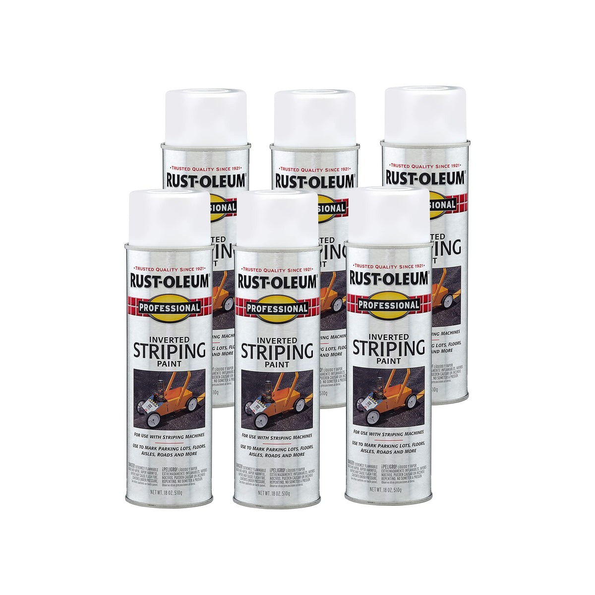 Rust-Oleum Professional inverted striping spray 18 oz 6-pack front view showing ready-to-apply package.