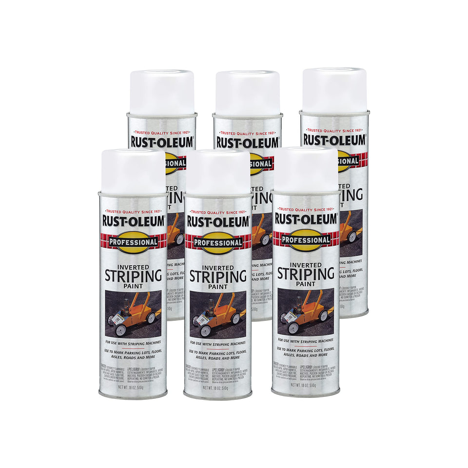 Rust-Oleum Professional inverted striping spray 18 oz 6-pack front view showing ready-to-apply package.