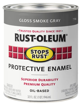 Rust-Oleum Stops Rust protective enamel paint can in Smoke Gray showing the product packaging